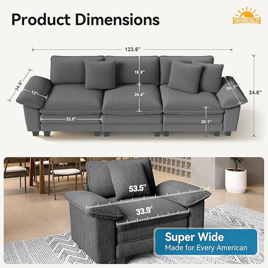 SUNSHINE VALLEY 3 Seat Modular Sofa, 123.6'' Oversized Modern Corduroy Sectional Couch with Removable Armrest and Pillow, Upholstered Cloud Deep Seat Sofa for Living Room, Grey