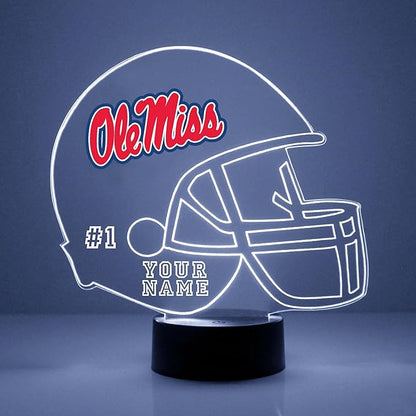 Custom University of Mississippi (Ole Miss) Football Helmet LED Sign Night Light Lamp with Remote, Personalized Name, Text, Officially Licensed from The CLC by Mirror Magic Gifts, Made in The USA