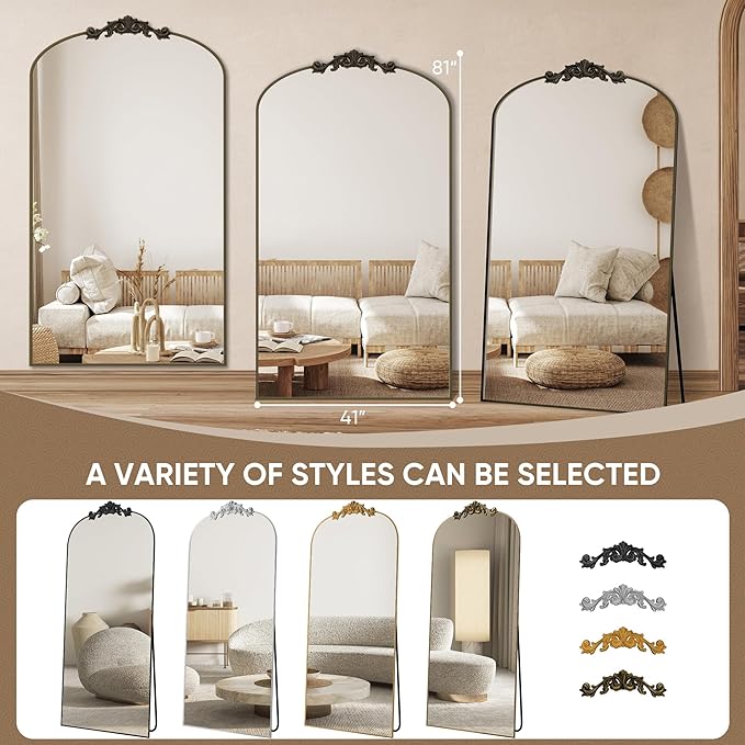 Antok Arched Full Length Mirror, 72"x44" Floor Mirror with Carved, Full Body Mirrors for HomeDecor, Standing/Halling Large Wall Mirror for Bedroom, Living Room, Cloakroom, Bronze, Vintage Style