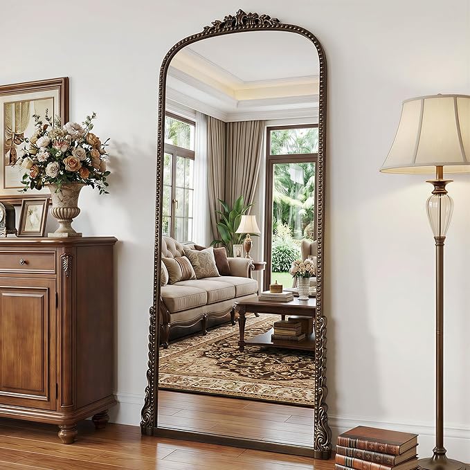 Antok Floor Mirror, 71"×32" Vintage Full Length Mirror Carved Full Body Mirror with Stand, Hanging Mounted for Bedroom Living Room Cloakroom,Bronze,Luxury Style
