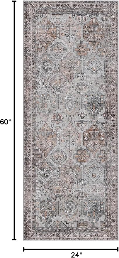 Bavni Kitchen Rug 2x5 Runner Rugs for Hallways Entryway, Washable Vintage Print Carpet, Ultra-Thin Chenille Low Pile Lightweight Rug with Non Slip Backing, Retro Grey