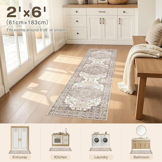 Washable 2x6 Runner Rugs: Non Slip Vintage Brown Area Rugs for Living Room, Large Soft Stain Resistant Indoor Floor Carpets for Bedroom Dining Room Nursery Home Office Kid & Pet Friendly
