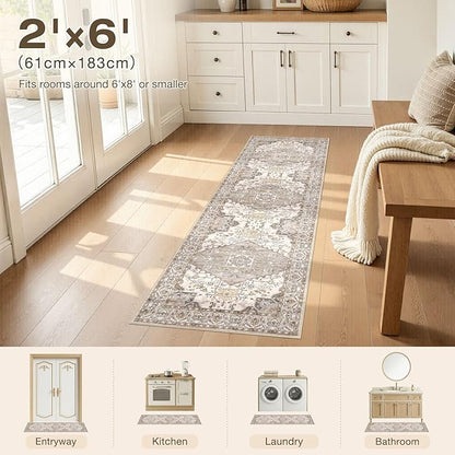 Washable 2x6 Runner Rugs: Non Slip Vintage Brown Area Rugs for Living Room, Large Soft Stain Resistant Indoor Floor Carpets for Bedroom Dining Room Nursery Home Office Kid & Pet Friendly