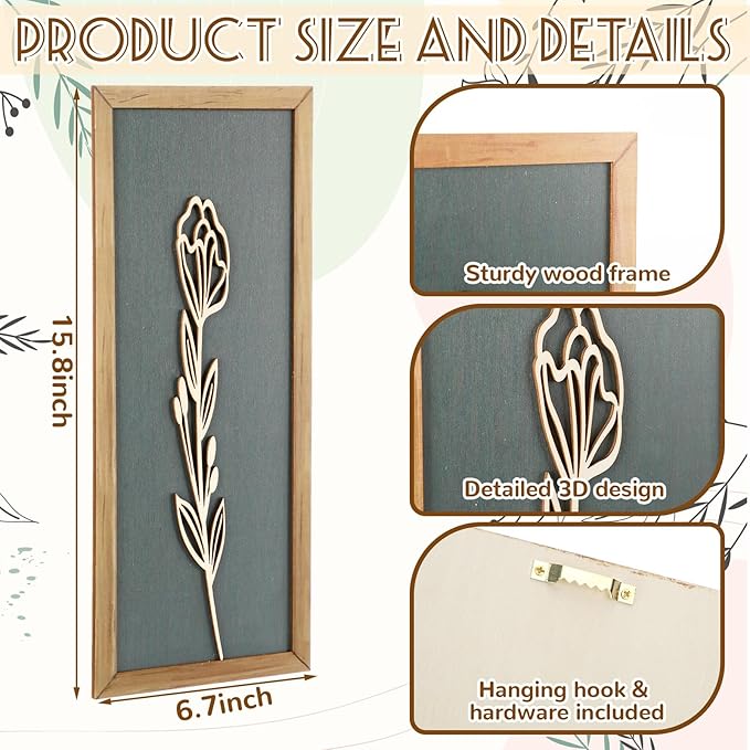 Wesiti 6 Pcs Boho Wall Art Wooden Floral Wall Decor Minimalist Botanical Print Art Decor for Rustic Vintage Farmhouse Home Living Room Bedroom Bathroom Kitchen Decoration, 15.75 x 6.69 Inch (Green)