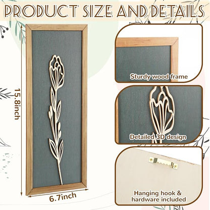Wesiti 6 Pcs Boho Wall Art Wooden Floral Wall Decor Minimalist Botanical Print Art Decor for Rustic Vintage Farmhouse Home Living Room Bedroom Bathroom Kitchen Decoration, 15.75 x 6.69 Inch (Green)