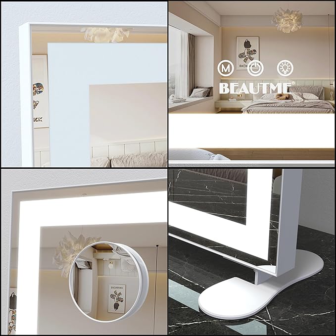 ANYHI Vanity Mirror with Lights, 23.6''x20'' Lighted Vanity Mirror with 10X Magnification, 3 Color Modes, Smart Touch Control, Aluminum Frame, Desktop or Wall Mounted Mirror for Bedroom, White