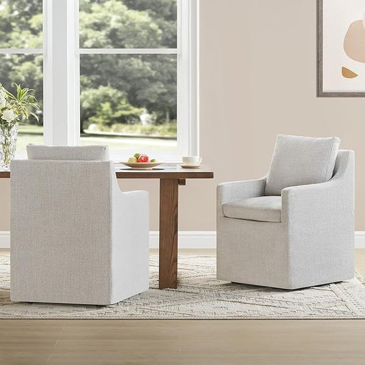 KISLOT Upholstered Dining Chairs Set of 2, Modern Dining Room Chairs with Casters & Washable Cover, Rolling Accent Chair with Comfy Backrest for Kitchen, Farmhouse, Living Room, Cream Beige, 2 Box