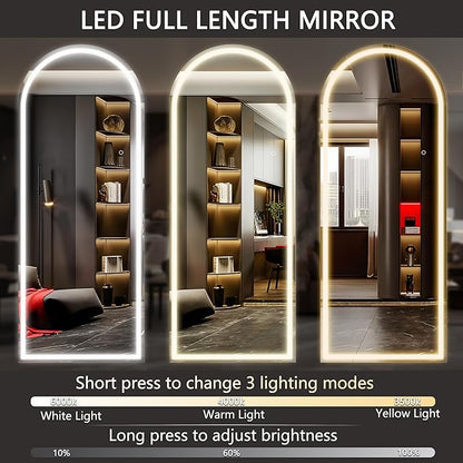 Hasipu 77" x 30" Led Mirror Full Length, Full Length Mirror with Lights Arch Design, Full Length led Mirror,Tempered Glass,Shatter-Proof, Dimming & 3 Color Modes for Bedroom Cloakroom-UL
