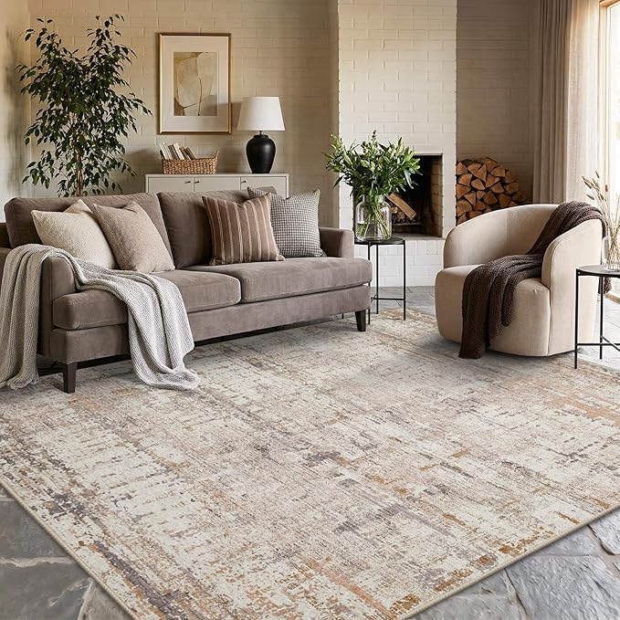 Rugxara 6x9 Washable Area Rug for Living Room, Modern Abstract Large Boho Rugs for Office, Dining Room, Kids Room, Farmhouse, Durable Low Pile Non Slip Carpet for High Traffic Areas, Beige Grey