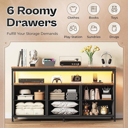 Huuger LED TV Stand for Bedroom, 47 Inch Dresser TV Stand for 43, 50, 55 Inch TV, Rustic Black TV Stand with Storage, Entertainment Center with Power Outlets, 6 Drawer Fabric Dresser for Living Room