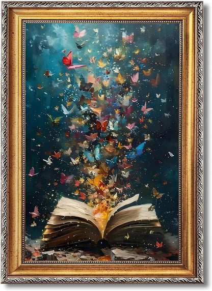 Balsuka Colorful Butterfly Wall Art Book Poster Trendy Painting Aesthetic Pictures Vintage Bookish Wall Decor Retro Library Canvas Print for book lover Reading Nook Bedroom 24x36inch Vintage Framed