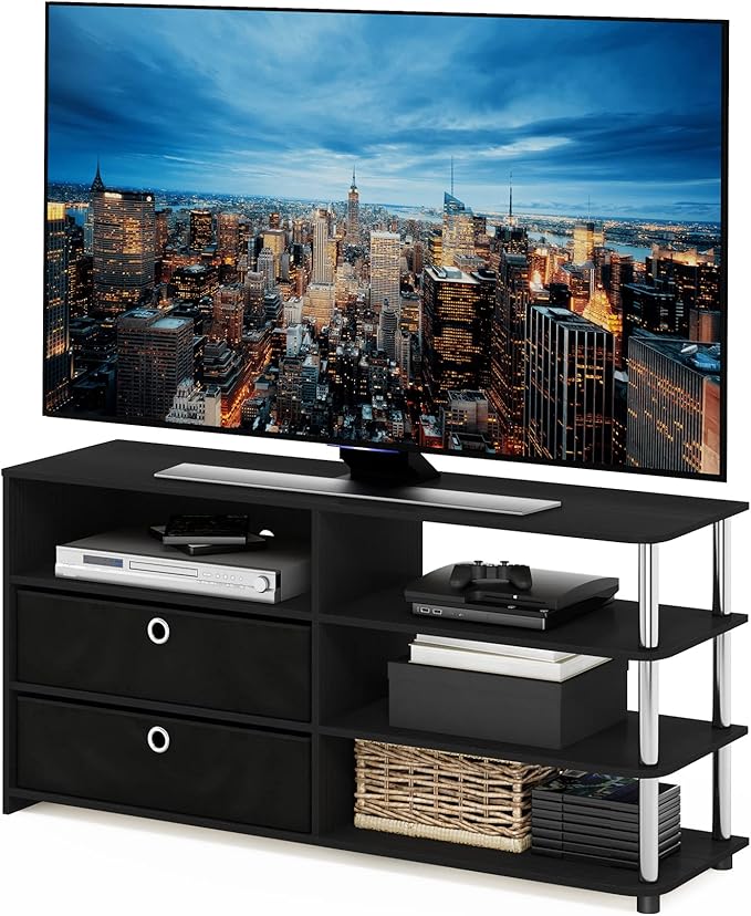 Furinno Jaya Simple Design Stand for TV up to 55-Inch with Bins, Americano/Chrome/Black