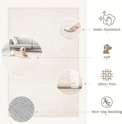9x12 Area Rug Living Room: Washable Boho Geometric Moroccan Rug Neutral Modern Farmhouse Indoor Soft Non Slip Ultra Thin Large Printed Pattern Carpet for Bedroom Home Office (Beige, 9'x12')