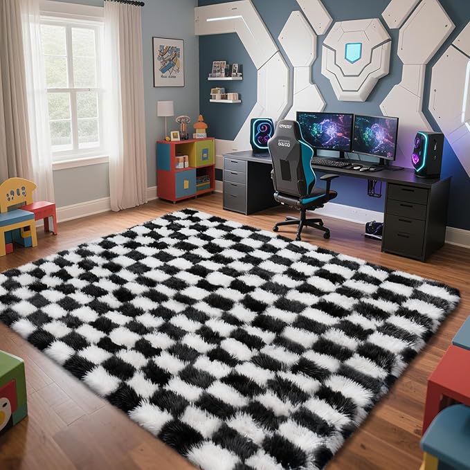 Checkered Rug for Living Room, 6x9 Black and White Area Rugs, Classic Checkered Carpets Shag Area Rug, Bedside Rugs for Living Room Bedroom Kids Room Home Decor