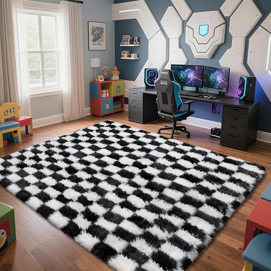 Checkered Rug for Living Room, 6x9 Black and White Area Rugs, Classic Checkered Carpets Shag Area Rug, Bedside Rugs for Living Room Bedroom Kids Room Home Decor