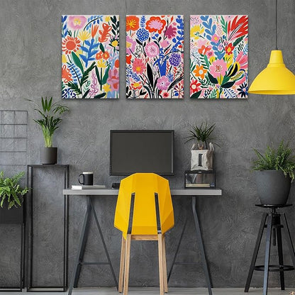 TBKHUDBI Henri Matisse Wall Art Colorful Floral Painting Canvas Prints Set of 3 Flower Market Poster Pictures Watercolor Wall Decor for Nursery Living Room Bedroom Bathroom 16"x24" Framed