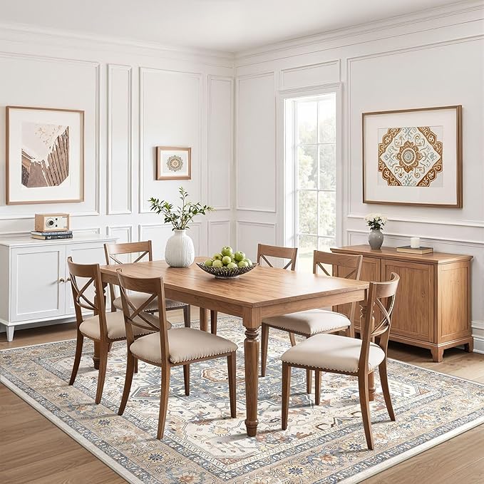 Square Rug 8x8 Living Room: Washable Boho Large Neutral Vintage Soft Rugs Stain Resistant Distressed Farmhouse Non-Slip Indoor Floor Carpet for Bedroom Nursery Kids Office Dining Room- Beige Blue