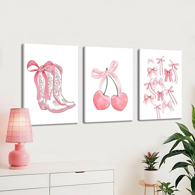 Fashion Pink Bows Wall Art Set of 3, Preppy Watercolor Cherry Cowboy Boots Wall Decor Posters, Cute Aesthetic Room Decor Canvas Prints Picture for College Girl Apartment Bedroom 12x16 Inch Framed