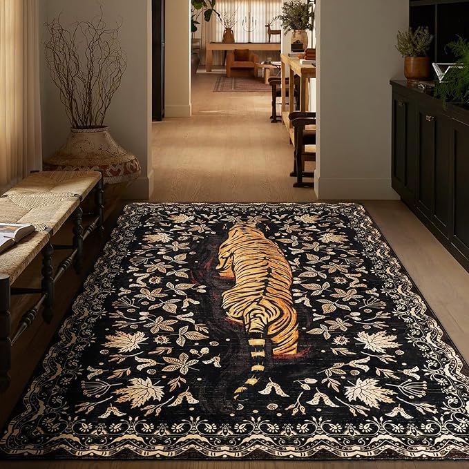 Washable Tiger Area Rugs 5x7Ft, Boho Animal Living Room Bedroom Rugs, Soft Low Pile Jungle Kids Nursery Dining Room Area Floor Carpets for Dorm Playroom Farmhouse Fall Decor, Black/Gold