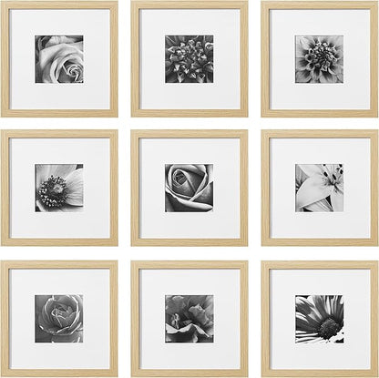 eletecpro 10x10 Picture Frames Set of 9 with Mat for 5x5 Photos or without Mat for 10x10, Square Gallery Wall Decor Collage for Picture Display, Natural Frame Set for Wall Hanging