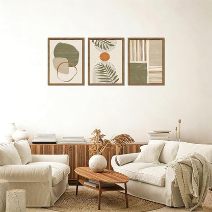 Framed Sage Green Boho Plant Wall Art Set of 3, Neutral Botanical Canvas Prints, Boho Picture Painting, Abstract Mid-Century Modern Tropical Leaf Decor for Living Room Bedroom 16x24 inch