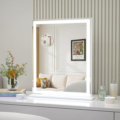 ANYHI Makeup Mirror with Lights, 24"x20.5" Lighted Vanity Mirror with 10X Magnifying, 3 Color Modes, Dimmable, Smart Touch Control, Memory Function, USB Charging Port, Tabletop/Wall Mount, White