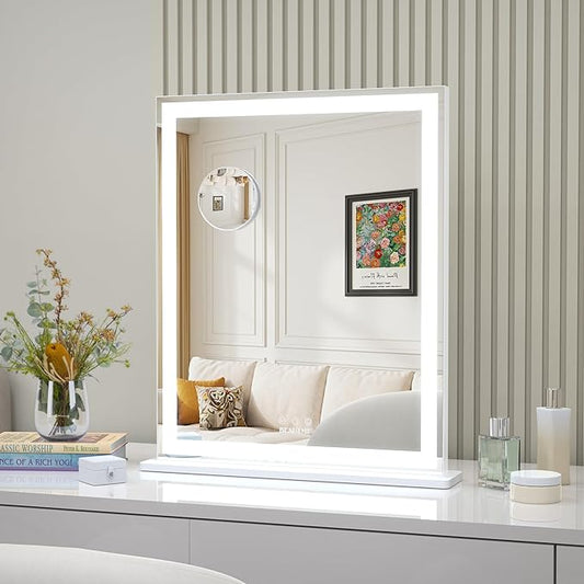 ANYHI Makeup Mirror with Lights, 24"x20.5" Lighted Vanity Mirror with 10X Magnifying, 3 Color Modes, Dimmable, Smart Touch Control, Memory Function, USB Charging Port, Tabletop/Wall Mount, White