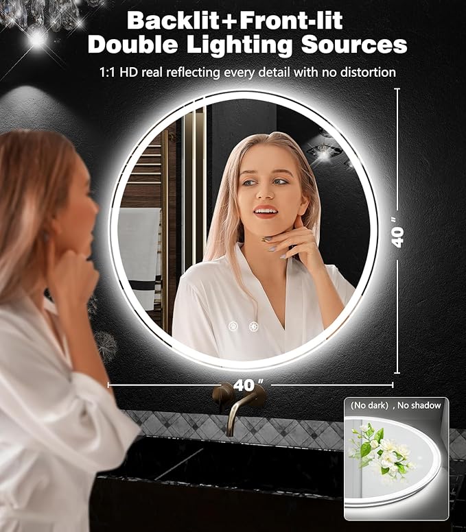 40 Inch LED Bathroom Mirror: Round Vanity Mirror with Lights, Dimmable & 3 Color Change, Backlit&Front Lit,4MM Tempered Glass, Shatterproof, Anti-Fog Bathroom Shower Mirror, espejos para baños con luz
