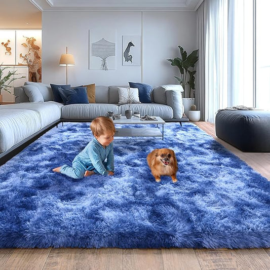 Shaggy Area Rugs for Living Room, Soft Shaggy Carpets for Living Room, Upgrade Anti-Skid Fuzzy Rugs for Kids' Room, Perfect Decor for Modern Home Tie Dye Blue 8x10 Feet