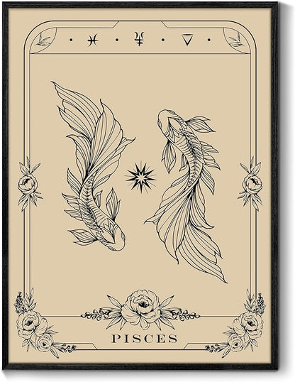 SERIMINO Witchy Framed Wall Art, Pisces Tarot Canvas Prints Paintings, Horoscope Dark Academia Home Decor Aesthetic, 16x24inch Gothic Wall Decor for Room