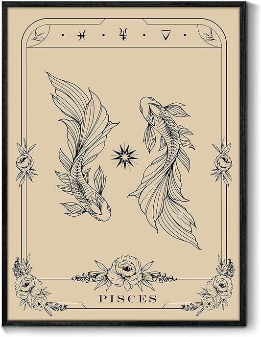 SERIMINO Witchy Framed Wall Art, Pisces Tarot Canvas Prints Paintings, Horoscope Dark Academia Home Decor Aesthetic, 16x24inch Gothic Wall Decor for Room