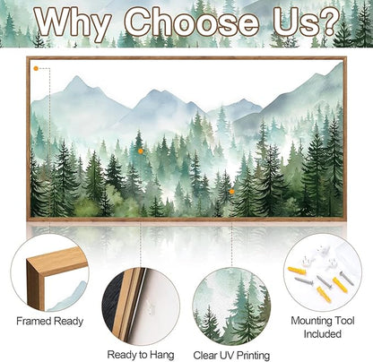 CHDITB Mountain Landscape Framed Canvas Wall Art(40"x20"), Boho Nature Forest Artwork Prints, Large Abstract Modern Green Pine Trees Art Decor for Bedroom Living Room Office