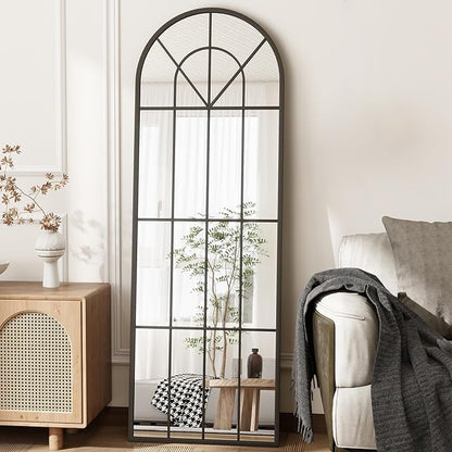 22"x 65" Arched Full Length Window Wall Mirror, Metal Framed, Arched-Top, Farmhouse Rustic Decorative Windowpane Mirror - Black