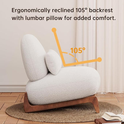 Morden Fort Modern Boucle Armless Accent Chair, Tilted Wood Legs, Thick Cushion, Lumbar Pillow, Off White, Living Room