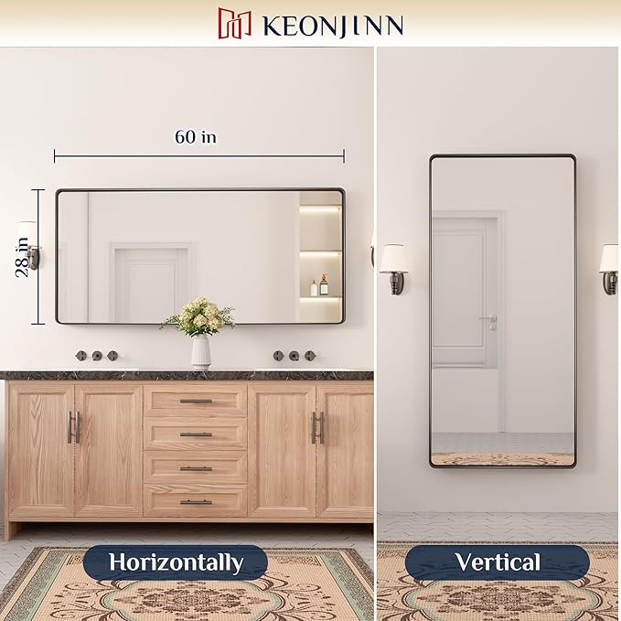 Keonjinn Black Bathroom Mirror for Over Sink, 60" x 28" Large Rounded Rectangle Vanity Mirror, Sandblasted Finish Matte Black Wall Mirrors, Tempered Glass, Anti-Rust Seamless Metal Frame for Restroom