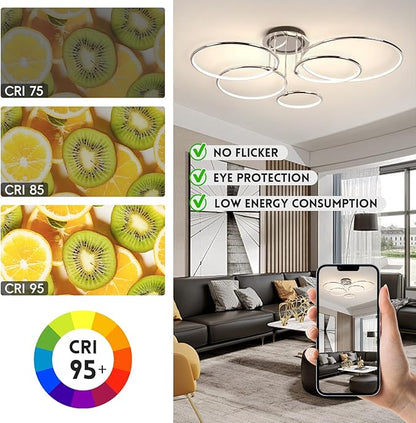 CANEOE Modern Ceiling Light Fixture,Chrome Dimmable Led Ceiling Light with Remote Control for Living Room,5 Rings Flush Mount Ceiling Lamp for Living Room Bedroom Kitchen Lighting Fixtures Ceiling