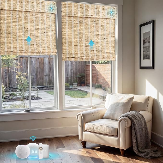 Motorized Bamboo Roman Shades, Motorized Blinds with Remote Compatible with Homekit, Alexa GoogleHome, Smart Wood Woven Shades for Indoor Windows, Customize, Shoreline Drift