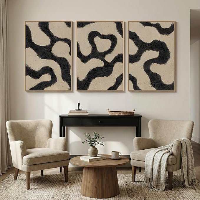 Framed Neutral Abstract Wall Art for Living Room, 3 Piece Black and Beige Mid Century Modern Painting Print, Large Line Canvas Artwork for Dining Room Bedroom Hallway Office Walls Decor, 24x36 Inch