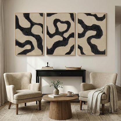 Framed Neutral Abstract Wall Art for Living Room, 3 Piece Black and Beige Mid Century Modern Painting Print, Large Line Canvas Artwork for Dining Room Bedroom Hallway Office Walls Decor, 24x36 Inch