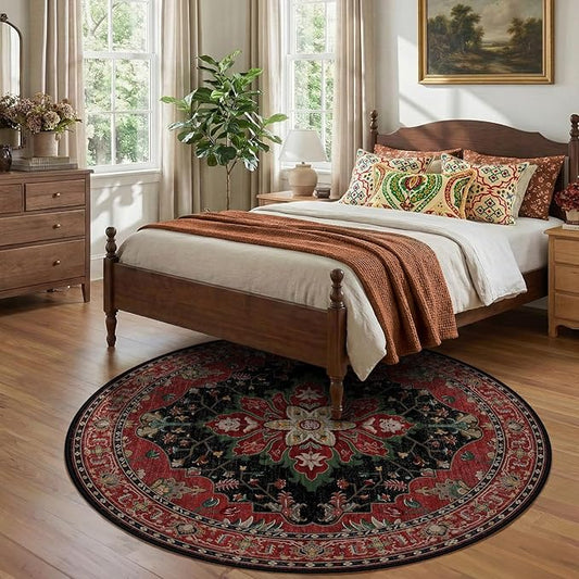 RELEANY Area Rugs Round 7ft Washable Non-Slip, Floral Vintage Distress Print Pattern Medallion Carpet for Living Room Bedroom Dining Room, Red Black