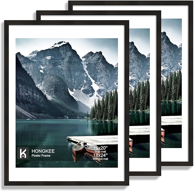 Hongkee 18x24 Frame Set of 3 - Display 16x20 Photo with Mat or 18 x 24 Poster without Mat, Wall Mounting Horizontal and Vertical, Black