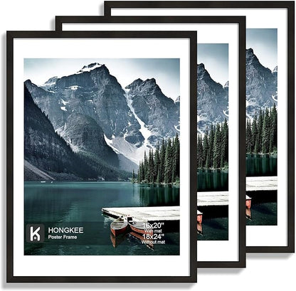 Hongkee 18x24 Frame Set of 3 - Display 16x20 Photo with Mat or 18 x 24 Poster without Mat, Wall Mounting Horizontal and Vertical, Black