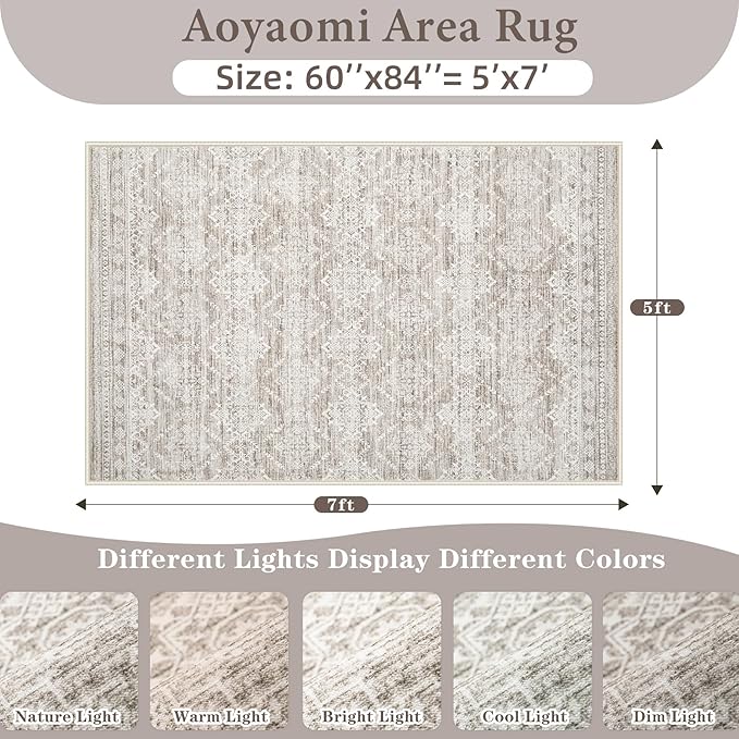 Area Rug Living Room Rugs 5x7 - Large Soft Boho Geometric Rugs, Non-Slip Foldable Washable Area Rug Non Shedding Morden Indoor Floor Carpet for Living Bedroom Office Dining Room(Ivory Mocha,5'x7')
