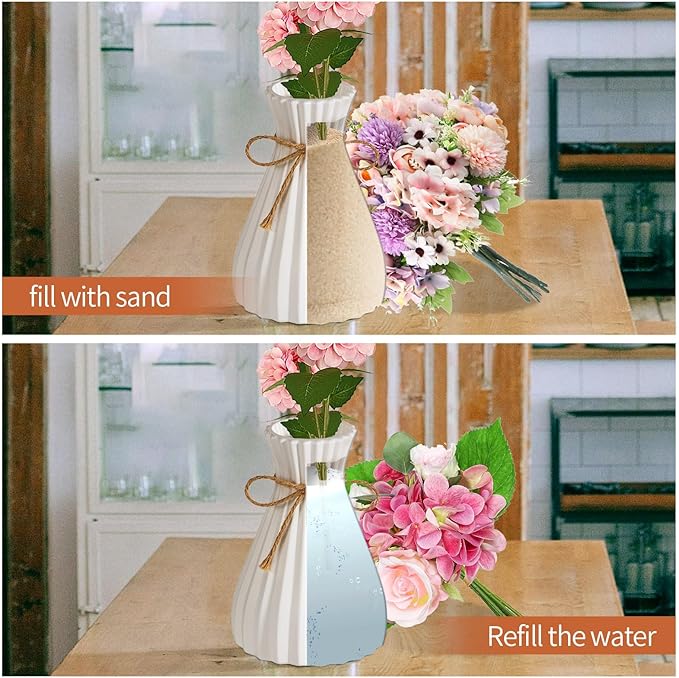 Unbreakable Vase for Flowers, Ceramic Look Plastic Vase for Home Decor, Living Room, Table (White)