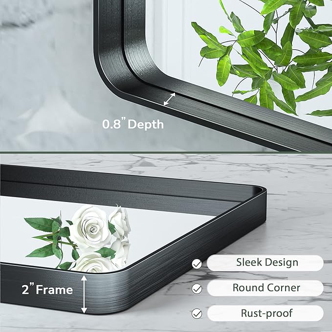 TokeShimi 72x36 Inch Black Bathroom Mirror for Wall Vanity Mirror with Non-Rusting Aluminum Alloy Brushed Matte Metal Frame Soft Rounded Corner for Modern Farmhouse Decor (Horizontal/Vertical)