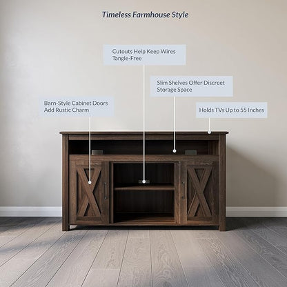BELLEZE 48” TV Stand for TVs up to 50 Inches, Entertainment Center with Barn Door, Media TV Console Table with Two Open Shelves and Cabinets, TV Cabinet for Living Room Bedroom, Dark Walnut