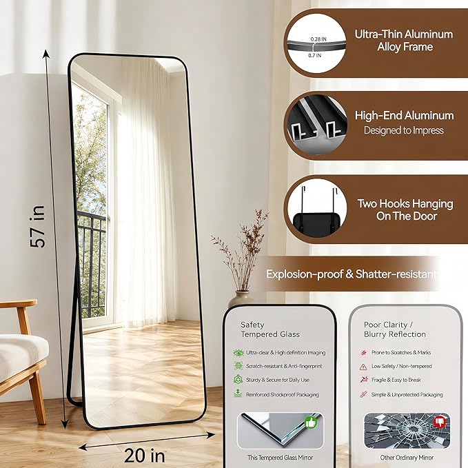 NARCISSUS 57x20 Mirror Door Hanging Full Length Body with Floor Stand or Wall Mounted Metal Aluminum Frame Tempered Glass Rectangle Mirrors for Bedroom Dressing Living Room Bathroom 57 inch Black