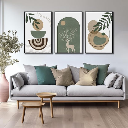 Framed Sage Green Boho Wall Art Set of 3, Minimalist Abstract Geometric Deer & Plant Illustrations, Bohemian Pictures Print Artwork Painting Wall Decor for Living Room Bedroom Home Decoration 24"x36"