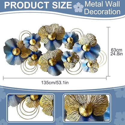 edaknez Metal Wall Art for Living Room, Extra Large Metal Wall Decor, 3D Modern Leaves Wall Decoration, Lotus Flower Wall Hanging Sculpture, for Indoor Outdoor, Blue & Gold (A 130x66x6cm)