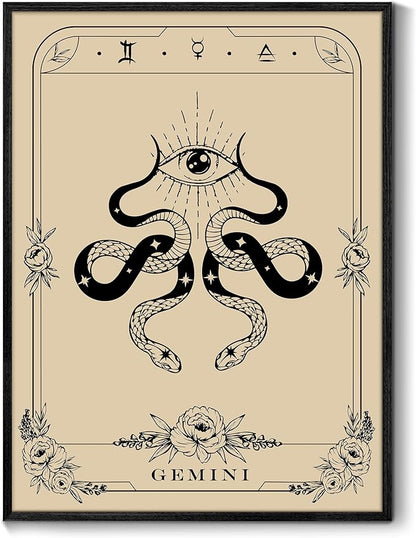 SERIMINO Witchy Framed Wall Art, Gemini Tarot Canvas Prints Paintings, Horoscope Dark Academia Home Decor Aesthetic, 16x24inch Gothic Wall Decor for Room